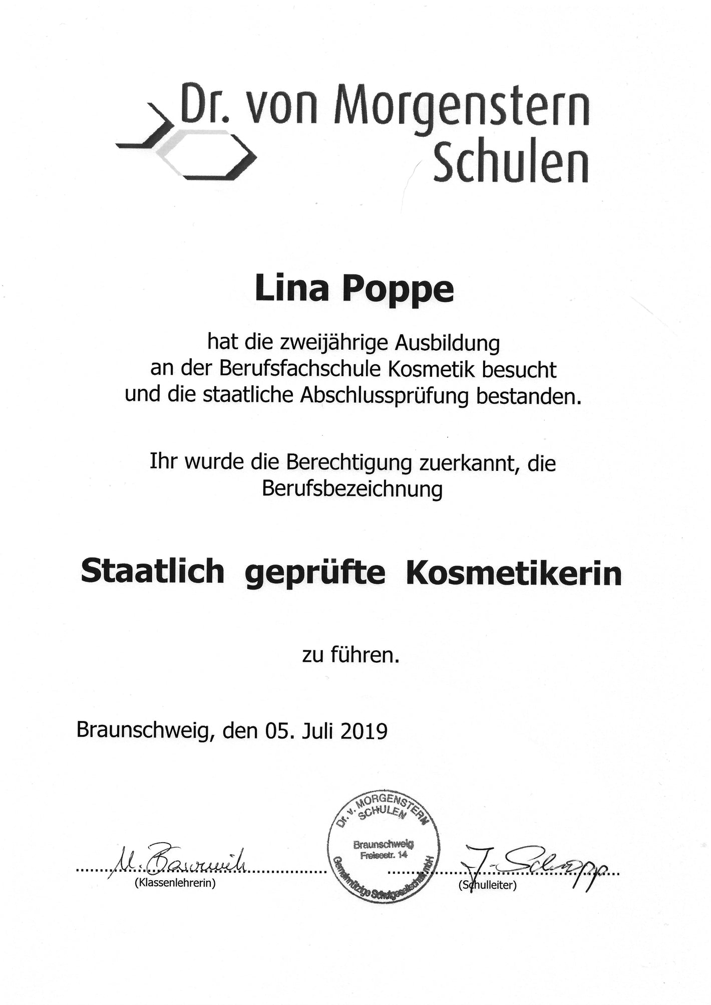 Zertifikat zweijährige Berufsfachausbildung zur staatlich geprüften Kosmetikerin Dr. von Morgenstern Schulen